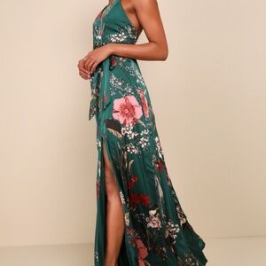 Lulus Still The One Emerald Green Floral Print Satin Maxi Dress - Size M
